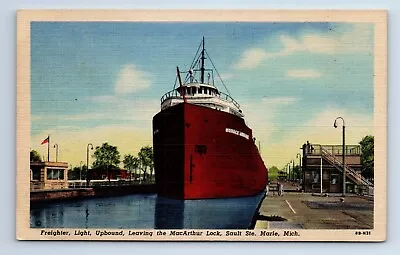 Sault Ste. Marie Michigan Soo Locks Freighter Leaving MacArthur Postcard C.1940 • $3.99