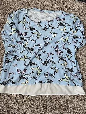 Talbots Womens Sweater Large Blue Butterfly Scoop Chiffon Hem 3/4 Sleeve • $11.66