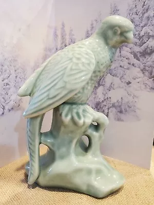 VINTAGE PORCELAIN BIRD PARROT FIGURINE Andrea By Sadek  Celadon Green Glaze 7  • $25.95