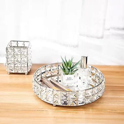 Modern Mirrored Crystal Vanity Makeup Tray Ornate Jewelry Trinket Tray Organizer • £8.99