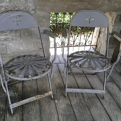 Antique Pair French Metal Spring Sunburst Folding Garden Chairs Stunning  • $599.99