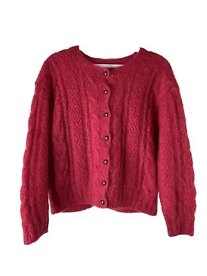 VTG Y2K Womens Medium Mohair Wool Cable Knit Cropped Cardigan Sweater Red Grunge • $53.39