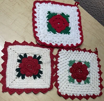 3 Vintage Square Christmas Crochet Trivet Doilies 6 5.5. & 5” Red Rose Type • $9.90