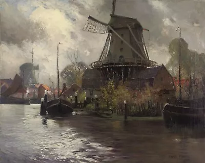 Dutch Windmill 16 X 20 In Rolled Canvas Art Print | River Bank Landscape • $79