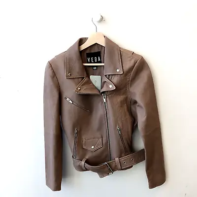 S - Veda Mocha Brown Leather Asymmetric Zip Up Belted Moto Jacket 0103SA • $140