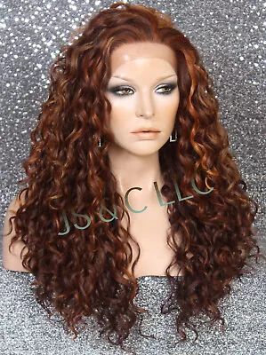 Human Hair Blend Full Lace Front Wig Long Heat OK Auburn Mix Curly WSH • $89.94