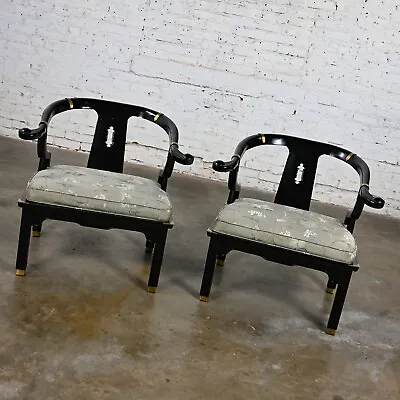 Vintage Chinoiserie Ming Style Yoke Back Chairs Black Lacquered Style James Mont • $3495