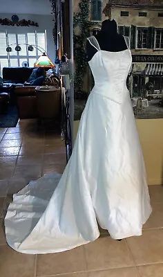 Mori Lee Wedding  Gown White Satin Beaded Wide Tull Strap Long Sash Train 10 • $49.99