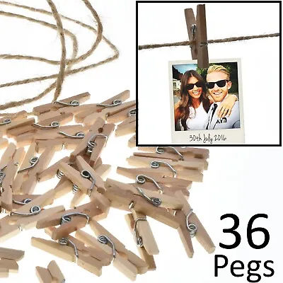 36 Mini Wooden Pegs + 2M String Photo Hanging Set Polaroid Card Wedding Display • £3.78