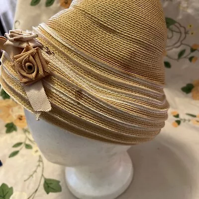 VTG Yellow Straw Woven Braid Elizabeth Miller & Rhoads Ribbon Roses Beehive Styl • $23