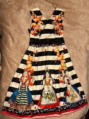 Italian Inspired Midi Sleeveless Dress W/ Stripes Oranges Russian Dolls Size 12 • $35