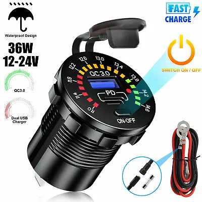 QC3.0 +PD Dual USB Car Fast Charger Socket Power Outlet LED Voltmeter Waterproof • $11.98