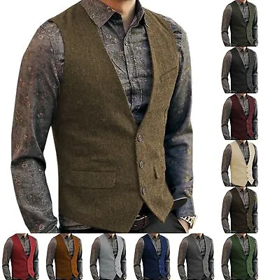 Men Tweed Vests Herringbone Vintage Retro Cowboy Wedding Wool Vest Large XL XXL • $23.79