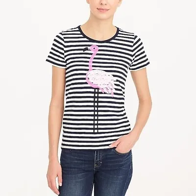 J Crew Factory Tee Navy Striped Sequin Pink Flamingo Top Knit T-Shirt Nwt S • $18.74