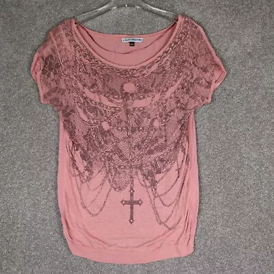$17.97 • Buy Bershka Shirt Women Small Pink Skull Crucifix Short Sleeve Casual LINEN BLEND