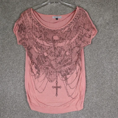 $13.48 • Buy Bershka Shirt Women Small Pink Skull Crucifix Short Sleeve Casual LINEN BLEND