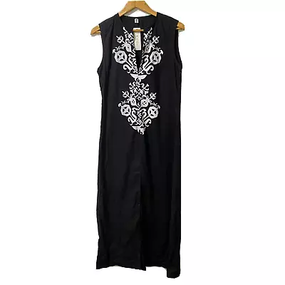 Order Plus M Black Maxi Dress Sleeveless White Pattern V-Neck Split Front • $7.77