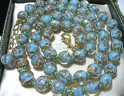 Aqua Sky Blue Venetian Italian Murano Glass Gold Foil Bead 24  Long NECKLACE • £30