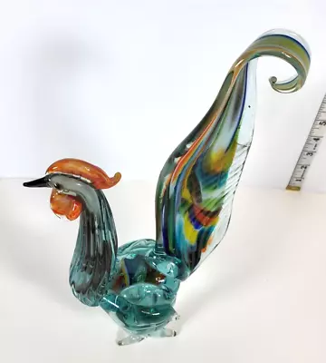 Vintage Murano Style Hand Blown Art Glass Rooster Figurine Sculpture 12.5 In • $41.99