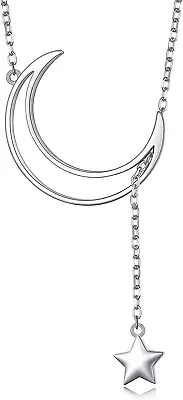 Moon Star Y Lariat Necklace 925 Sterling Silver Dainty Crescent Moon Star Gifts • $77.95