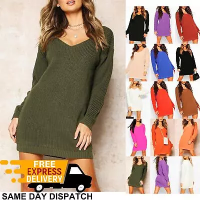 Ladies Womens V Plunge Jumper Dress Oversized Baggy Chunky Knit Long Sweater Top • $13.25