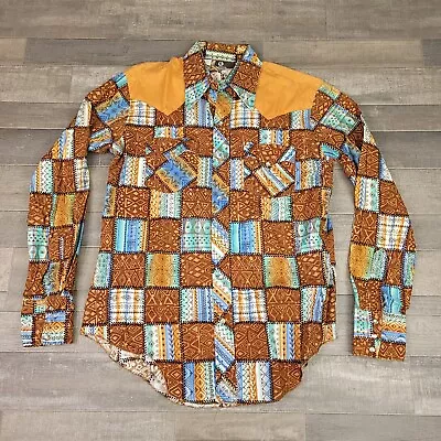 Vintage Western Shirt Mens Large Brown JC Penney Pearl Snap Patch Work 70s USA • $48.95