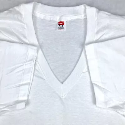 NOS Vintage 80s BLANK WHITE HANES V-NECK T-Shirt LARGE/XL Thin Single Stitch • $21.24