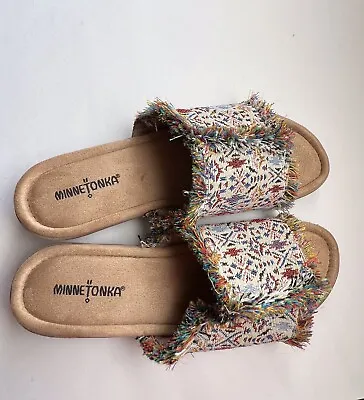 MINNETONKA Women's 11 N Samara Beige Multicolor Fringe Slide Slip On Sandals • $10.99