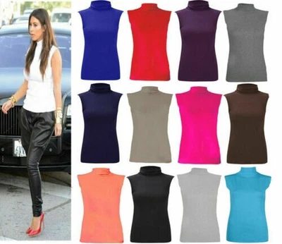 £4.19 • Buy Ladies Womens SLEEVELESS Polo Turtle Roll Neck Plain Top Casual Party New 8-26