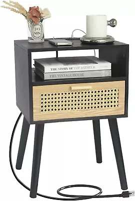Mid Century Modern Nightstand With Charging Station Bedside Tables With Rattan  • $85.88