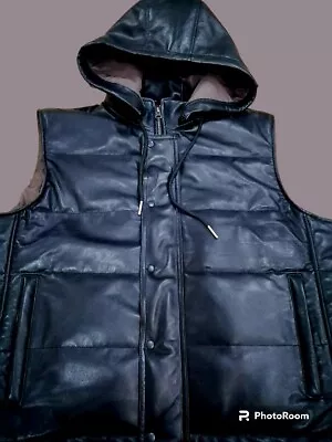 Mens Leather VEST XL Premium NAPPA Glove Leather Hoody Hooded PUFFER VEST  • $95.90