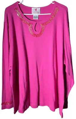 Quacker Factory Womens Long Sleeve Sequined Keyhole Pink Shirt Size 3X • $20.99