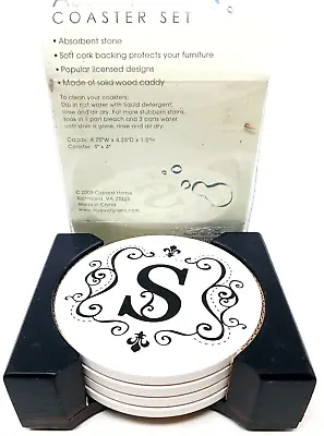 Stone Coaster Set With Wood Caddy 4  S  Monogram Absorbent New Open Box #WS-3 • $6.99