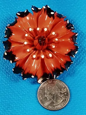 Vintage Enamel Flower Orange/Red? Black/White Dots RARE Brooch/Pin. FREE SHIP • $14.95