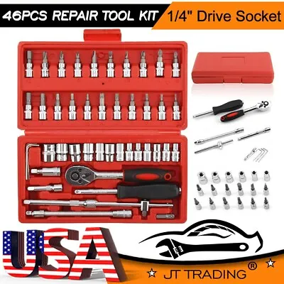 46PCS 1/4  Drive Socket Set Ratchet Wrench Bits Spanner Auto Car Repair Tool Kit • $13.88