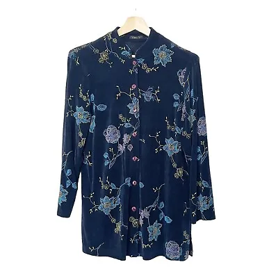 Vikki Vi Womens Plus Size 0X Blouse Top Floral Print Stretch Multi-Color Navy • $34.99