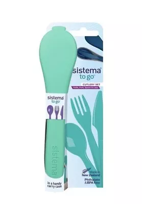 New Green Sistema Reusable Cutlery To Go Set Knives Fork Spoon Case Travel Work • £7.30