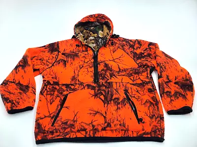 Vintage Cabela's Blaze Orange Camo Fleece Hooded Pullover Hunting Jacket Mens L • $49.99