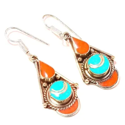 Tibetan Turquoise Coral Ethnic Tribal Drop/Dangle Earrings Nepali 2.20  SR 5048 • $4.99