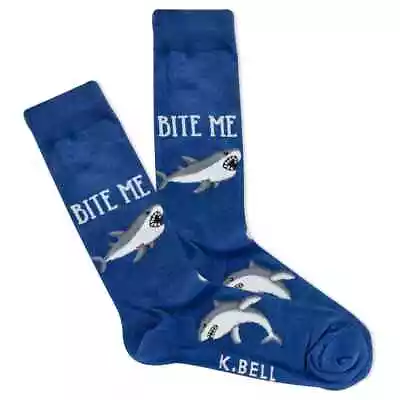 Bite Me Shark Men's Crew Socks Size 10-13 Blue K Bell Snarky Novelty Fashion New • $12.95