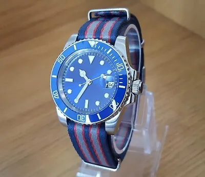 Mens Canvas Strap Steel Automatic Royal Blue Military Style Divers Date Watch • £69