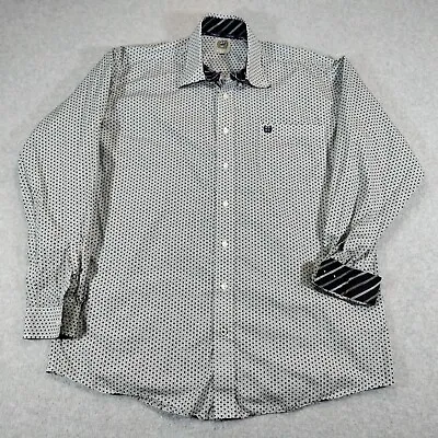 Cinch Shirt Mens Medium White Black Print Long Sleeve Flip Cuff Button Down • $21.23