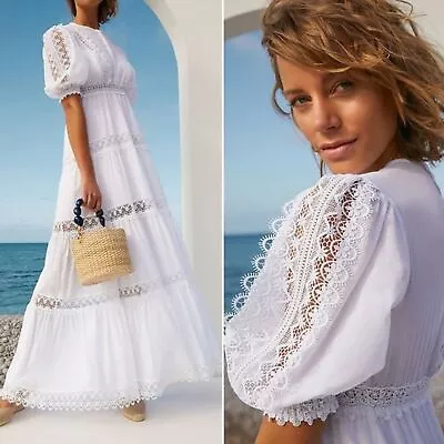 Charo Ruiz Nadine Maxi Dress Size S White Tiered Guipure Lace Trimmed Voile • $275