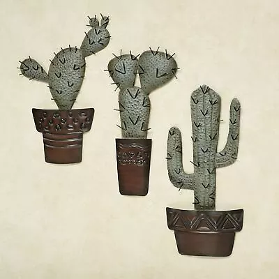 Potted Cactus Metal Wall Art Set Of Three - Natural Green And Brown Hues • $89.99