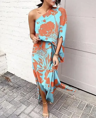 Gorgeous Floral One Shoulder Dress Size 12/14 Orange & Aqua Maxi • $59.99