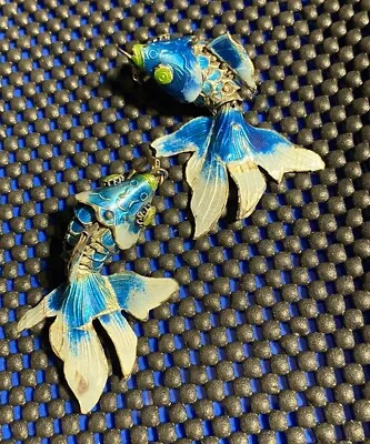 Vintage Chinese Silver Cloisonné Enamel Large Articulated Koi Fish Earrings • $175