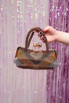 00s Y2k Vintage Copper Gold Silver Beaded Heart Chainmail Hand Bag Evening Bag • £30