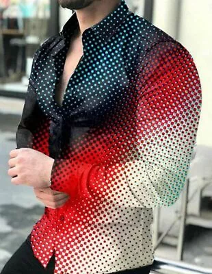 $29.86 • Buy Button Down Shirt Men's Polka Dot Print Gradient Red Blue Long Sleeve Casual Top