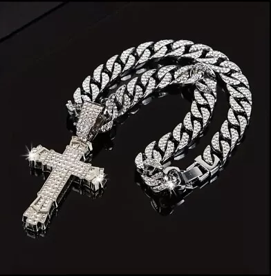 Men's New Faux Diamond Cuban Chain Punk Crystal Cross Pendant Necklace • $18.99