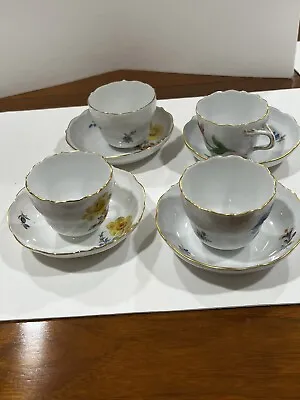 Set Of Four 4 Meissen Porcelain Teacups With Saucers Flowers • $299.99